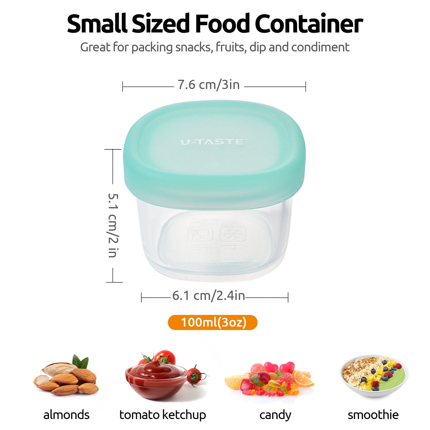 U-Taste 3oz Mini Sauce Containers: Food Grade Liquid Silicone Condiment Storage with Airtight Lid, Freezer Safe with Clear 100ml Measurements, Reusable for Dipping Ketchup, Salad Dressing