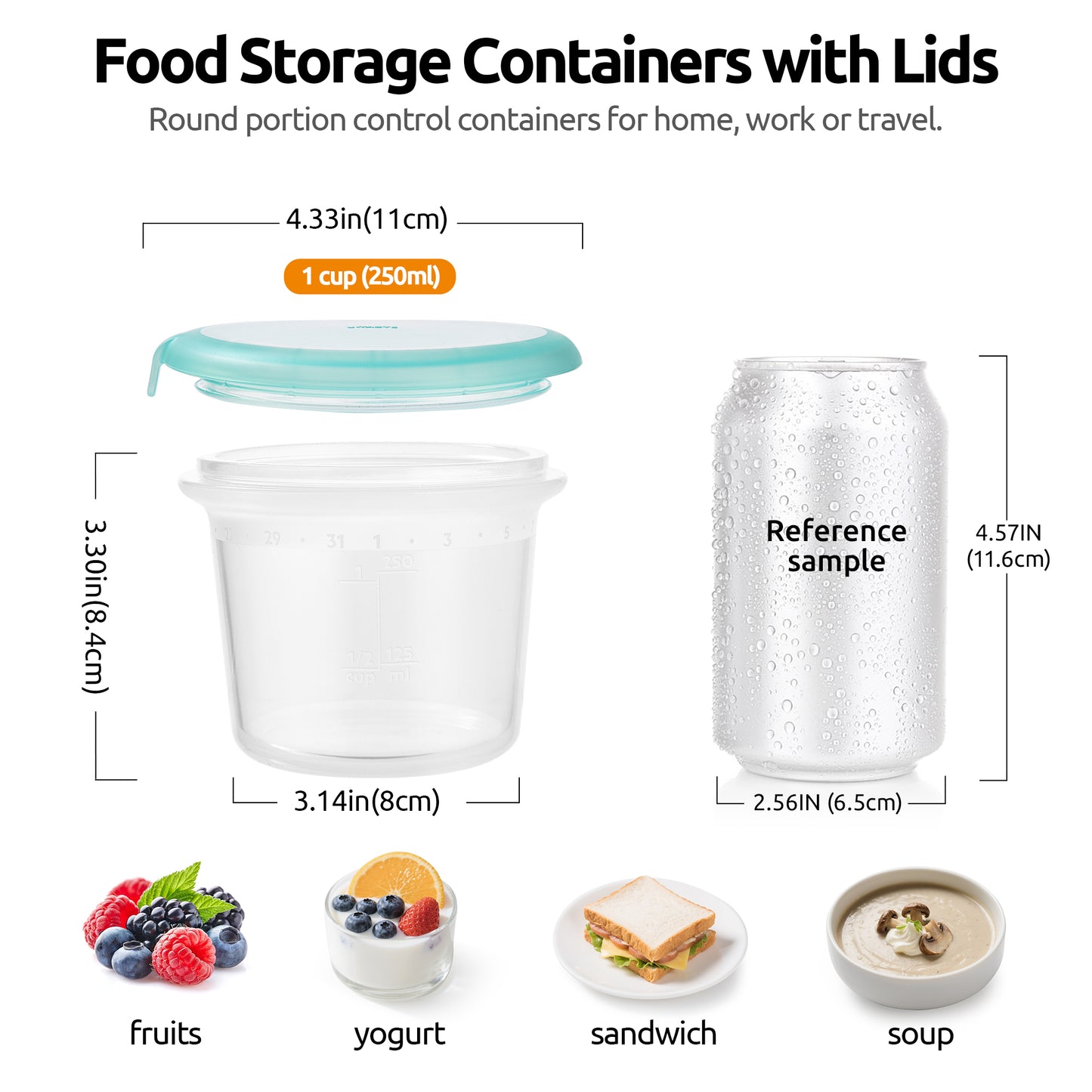 U-Taste 2oz Silicone Food Container: Mini Kitchen Storage with Airtight Lid, Freezer & Microwave Safe, Dip Box with Date Marking Circle, Clear Round Stackable for Sauce, Dressing, Condiment