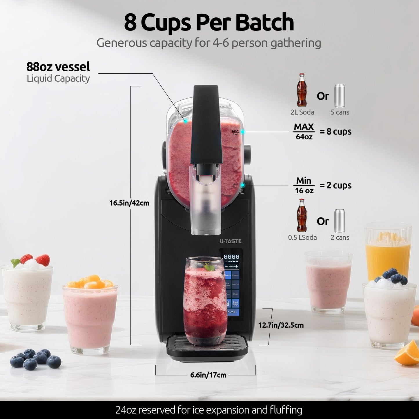 U-Taste Frozen Drink Slushie Machine: 88 oz Rapid-Cool Margarita Slushy Maker, 12-Hours Runnig, Self-Cleaning, 5 Preset Programs: Slushie, Frappe, Milk Shake, Cocktail, Wine-Mold for Home Party -Black (Available in the United States only)