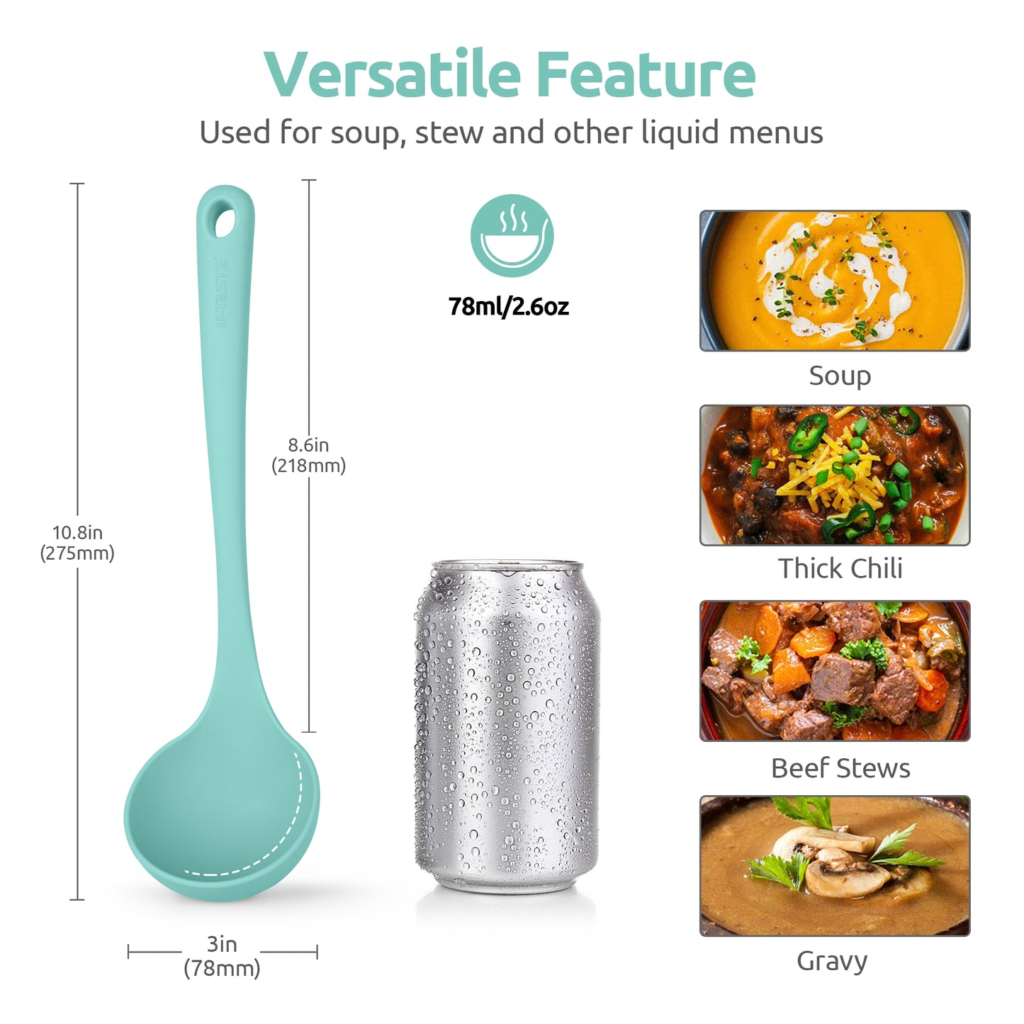 2.6oz Small Silicone Soup Ladle: U-Taste 600ºF Heat Resistant Non-Stick Kitchen Deep Serving Spoon, Soft Cooking Utensil with Non-Slip Solid Handle for Mixing Sauce Stew Gravy