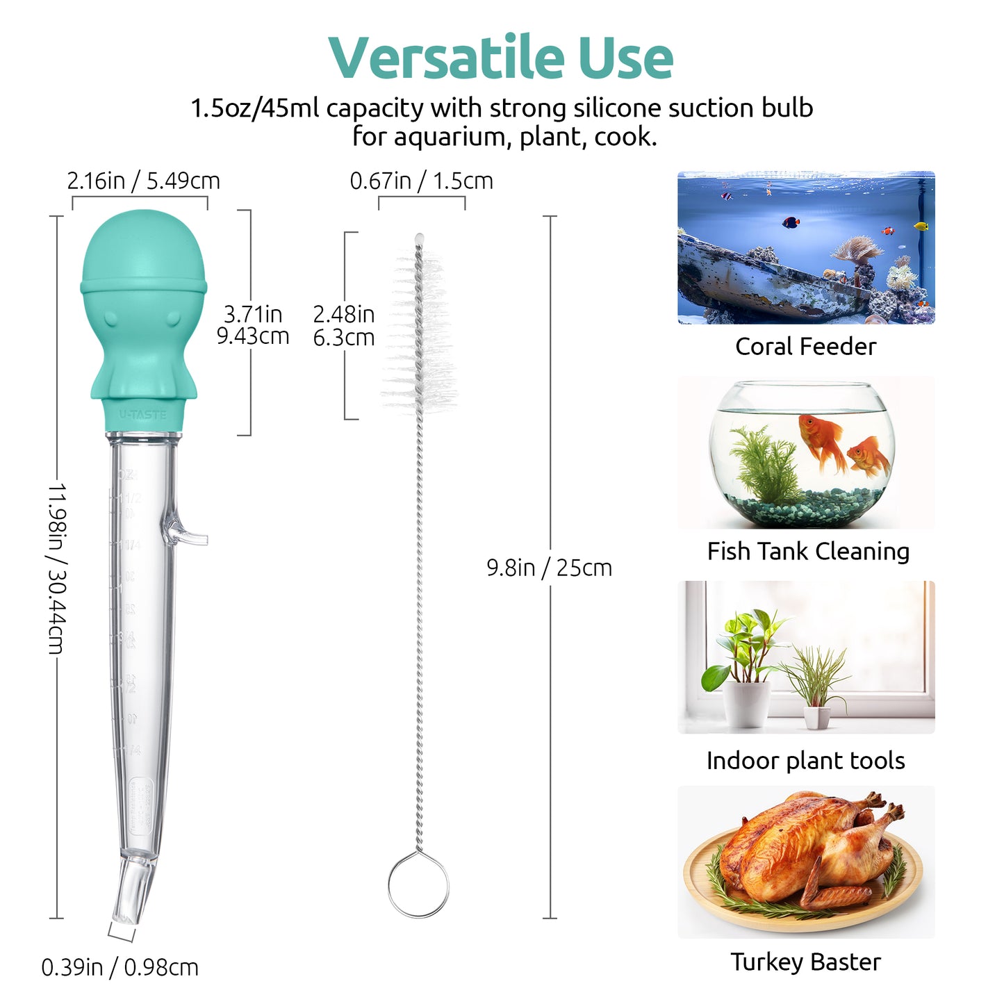 U-Taste Aquarium Pipette Cleaner: 1.5oz Coral Feeder for Fish Tank Cleaning, Manual Feeding Tube, Food Grade Siphon Dropper, Waste Remover with Strong Suction & Stand & Brush