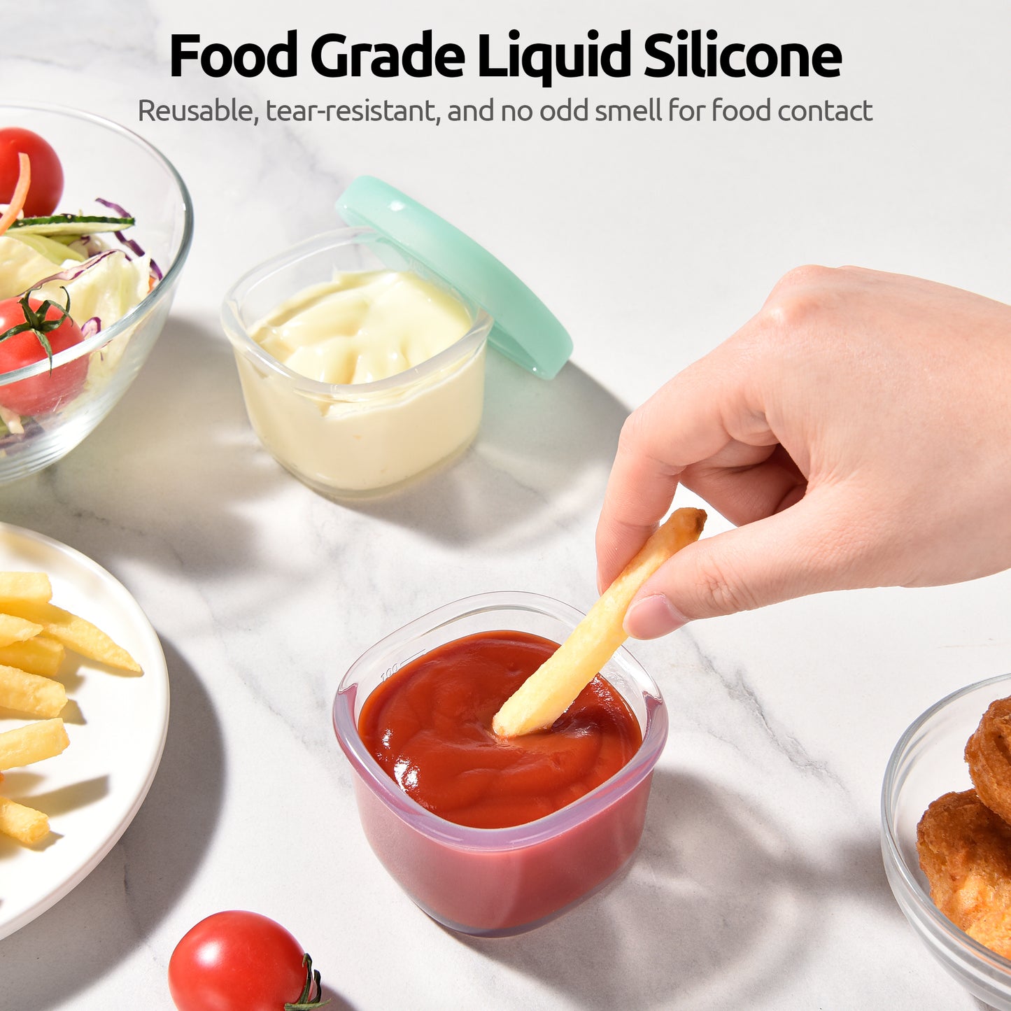 U-Taste 3oz Mini Sauce Containers: Food Grade Liquid Silicone Condiment Storage with Airtight Lid, Freezer Safe with Clear 100ml Measurements, Reusable for Dipping Ketchup, Salad Dressing