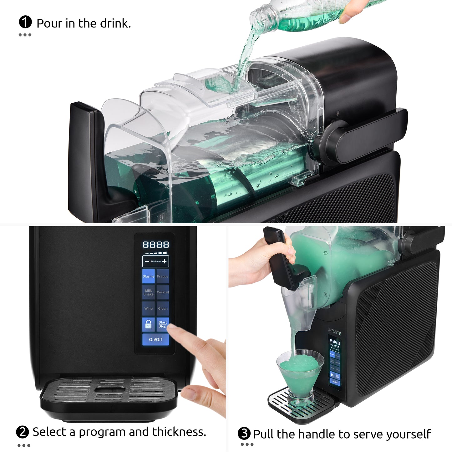 U-Taste Frozen Drink Slushie Machine: 88 oz Rapid-Cool Margarita Slushy Maker, 12-Hours Runnig, Self-Cleaning, 5 Preset Programs: Slushie, Frappe, Milk Shake, Cocktail, Wine-Mold for Home Party -Black (Available in the United States only)