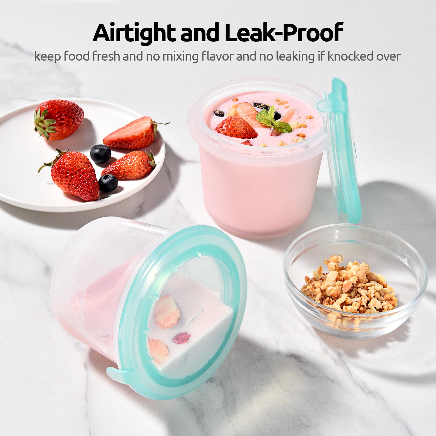 U-Taste 2oz Silicone Food Container: Mini Kitchen Storage with Airtight Lid, Freezer & Microwave Safe, Dip Box with Date Marking Circle, Clear Round Stackable for Sauce, Dressing, Condiment