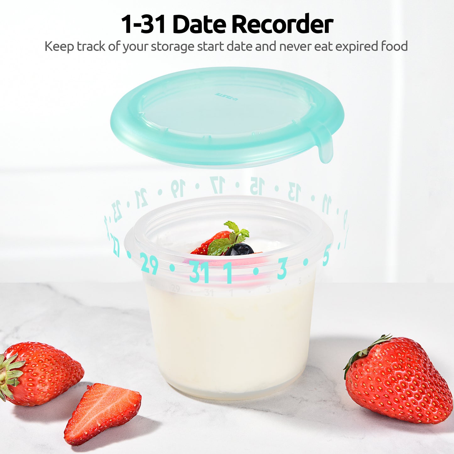 U-Taste 2oz Silicone Food Container: Mini Kitchen Storage with Airtight Lid, Freezer & Microwave Safe, Dip Box with Date Marking Circle, Clear Round Stackable for Sauce, Dressing, Condiment