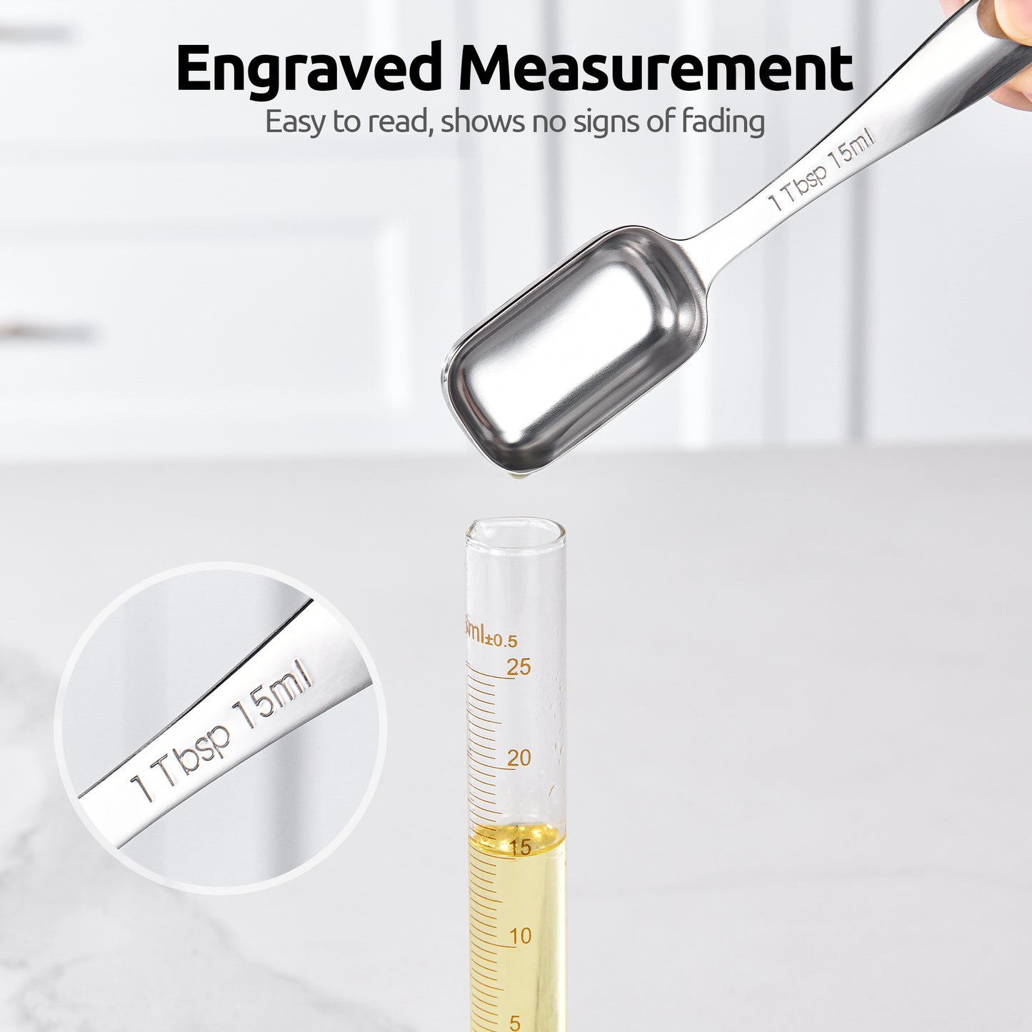 Narrow Square Measuring Spoons: 18/8 Stainless Steel Kitchen Measure Teaspoon Tablespoon with Leveler, Polygon Rectangular Metal Jar Scoop for Baking Cooking, Coffee, Spice, Powder