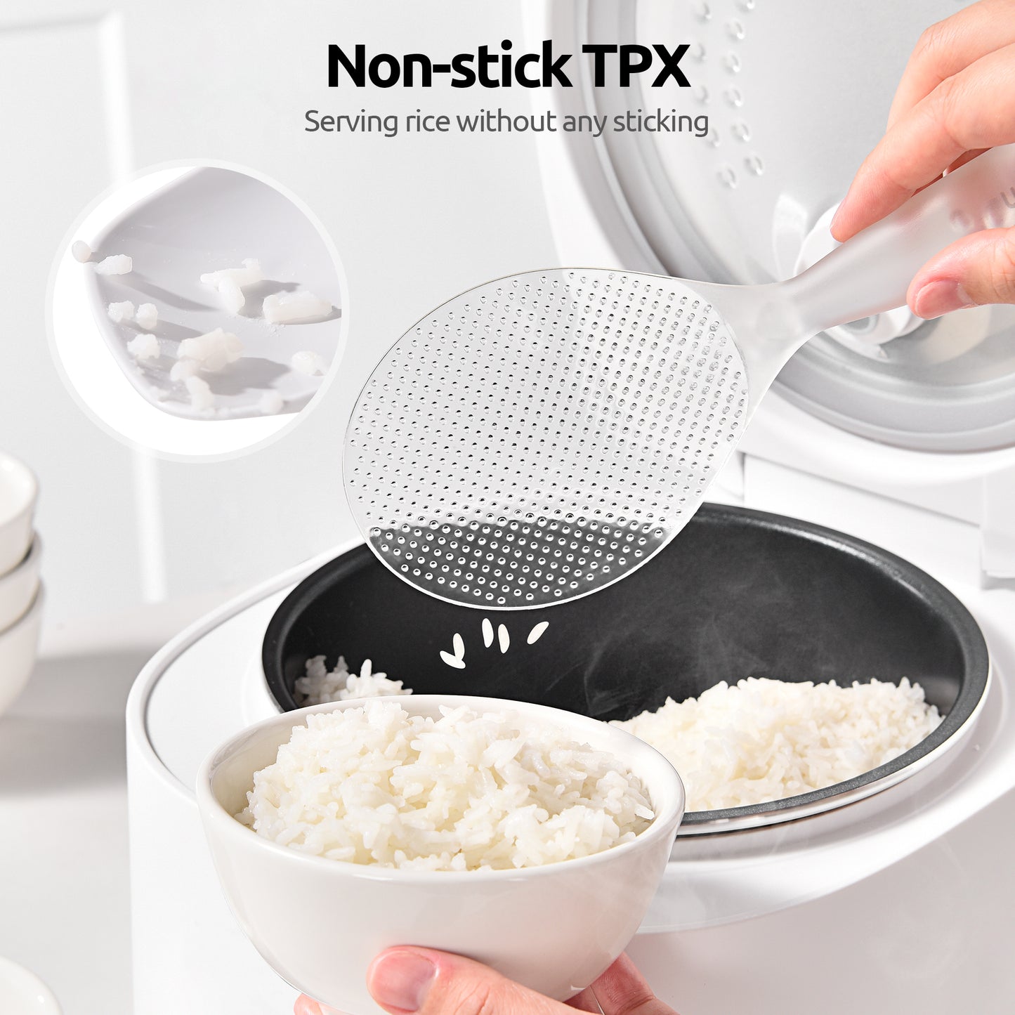 U-Taste Rice Spoon Paddle Scooper: 329°F Heat Resistant Food-Grade TPX Rice Spatula, Safe for Non-Stick Cookware, with Built-In Stand, Lightweight for Sushi, Pasta, Cooking & Serving