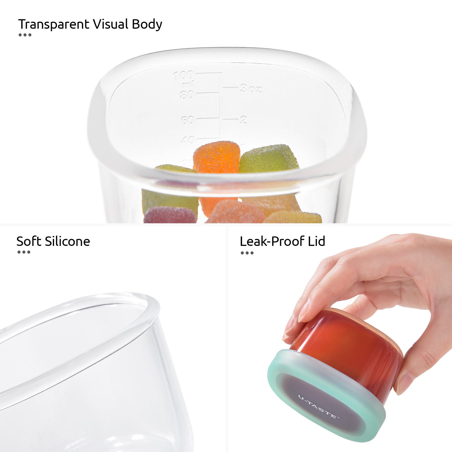 U-Taste 3oz Mini Sauce Containers: Food Grade Liquid Silicone Condiment Storage with Airtight Lid, Freezer Safe with Clear 100ml Measurements, Reusable for Dipping Ketchup, Salad Dressing