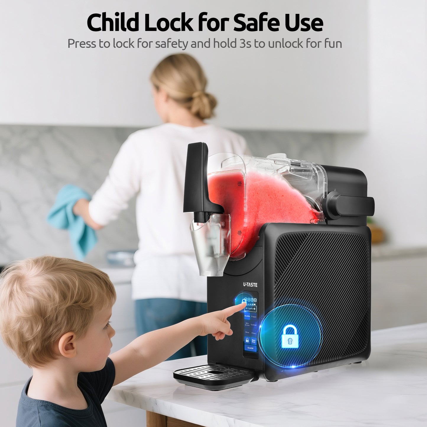 U-Taste Frozen Drink Slushie Machine: 88 oz Rapid-Cool Margarita Slushy Maker, 12-Hours Runnig, Self-Cleaning, 5 Preset Programs: Slushie, Frappe, Milk Shake, Cocktail, Wine-Mold for Home Party -Black (Available in the United States only)
