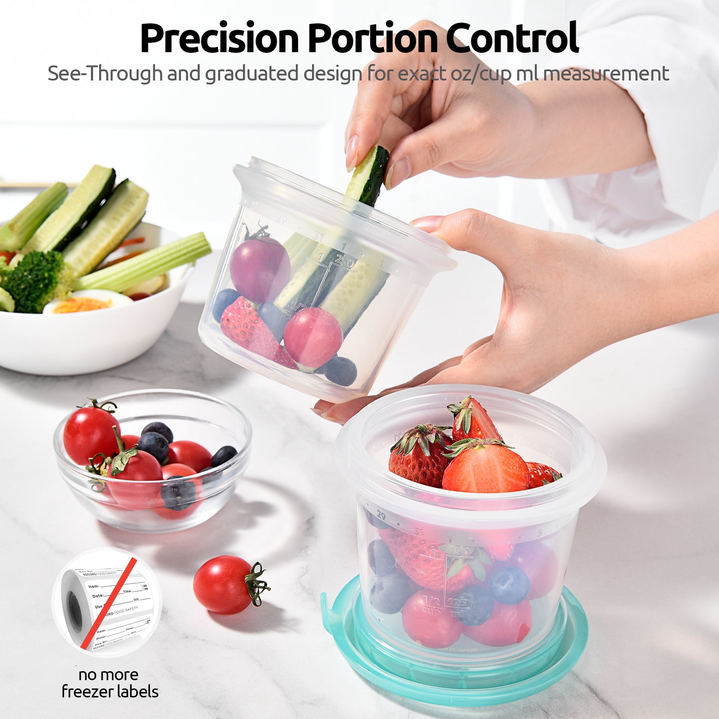 U-Taste 2oz Silicone Food Container: Mini Kitchen Storage with Airtight Lid, Freezer & Microwave Safe, Dip Box with Date Marking Circle, Clear Round Stackable for Sauce, Dressing, Condiment
