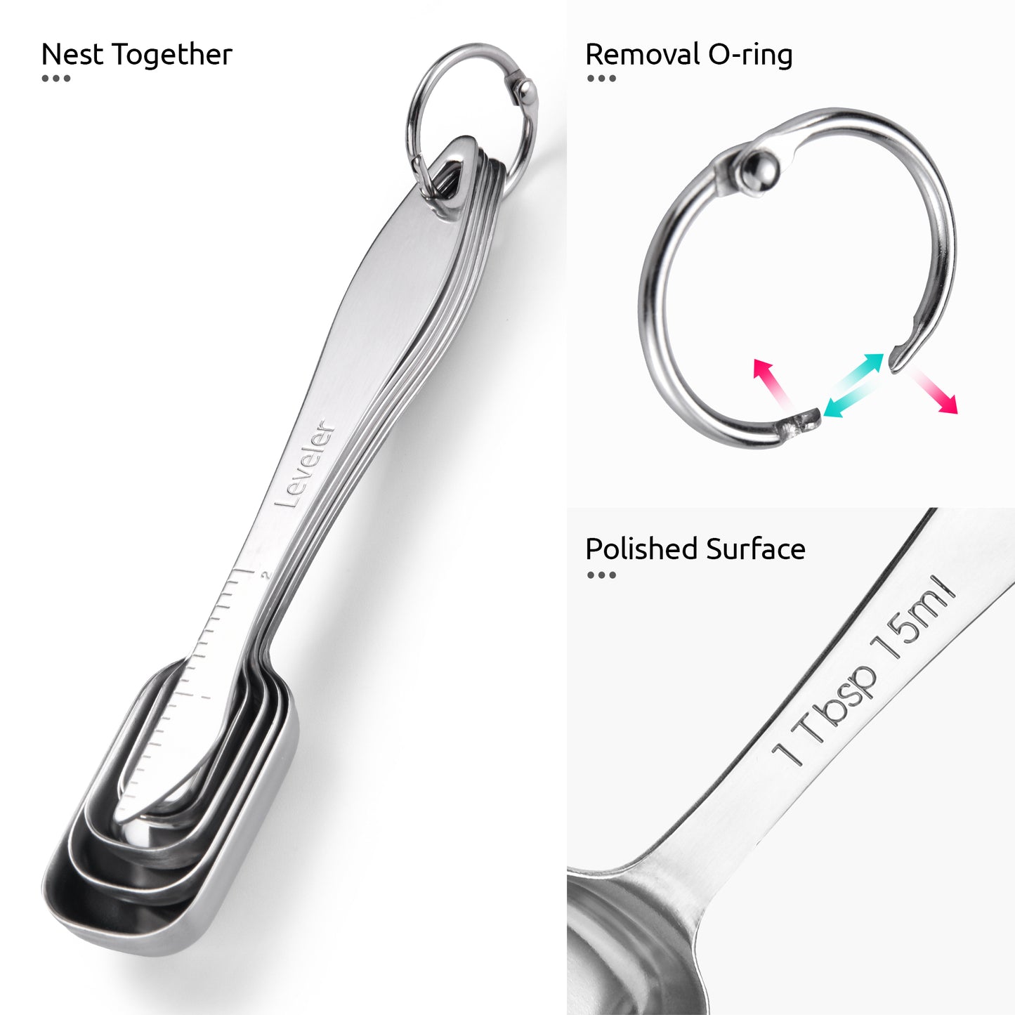 Narrow Square Measuring Spoons: 18/8 Stainless Steel Kitchen Measure Teaspoon Tablespoon with Leveler, Polygon Rectangular Metal Jar Scoop for Baking Cooking, Coffee, Spice, Powder