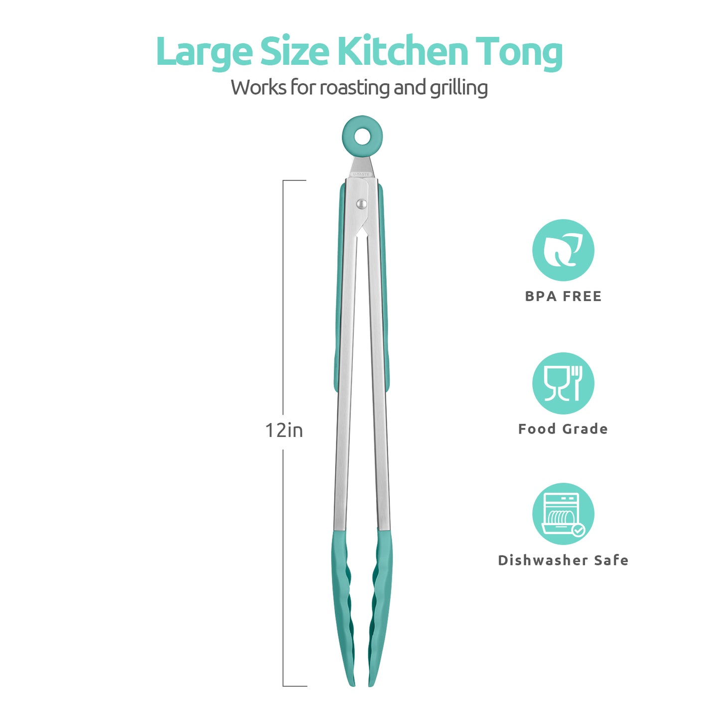 Heat Resistant Silicone Kitchen Tong: U-Taste 12 inch Large 480ºF Hot Proof Cooking Tong with Sturdy Non Stick Rubber Tips & Silicon Coated Steel Handle & Smooth Locking for Serving Grill Salad