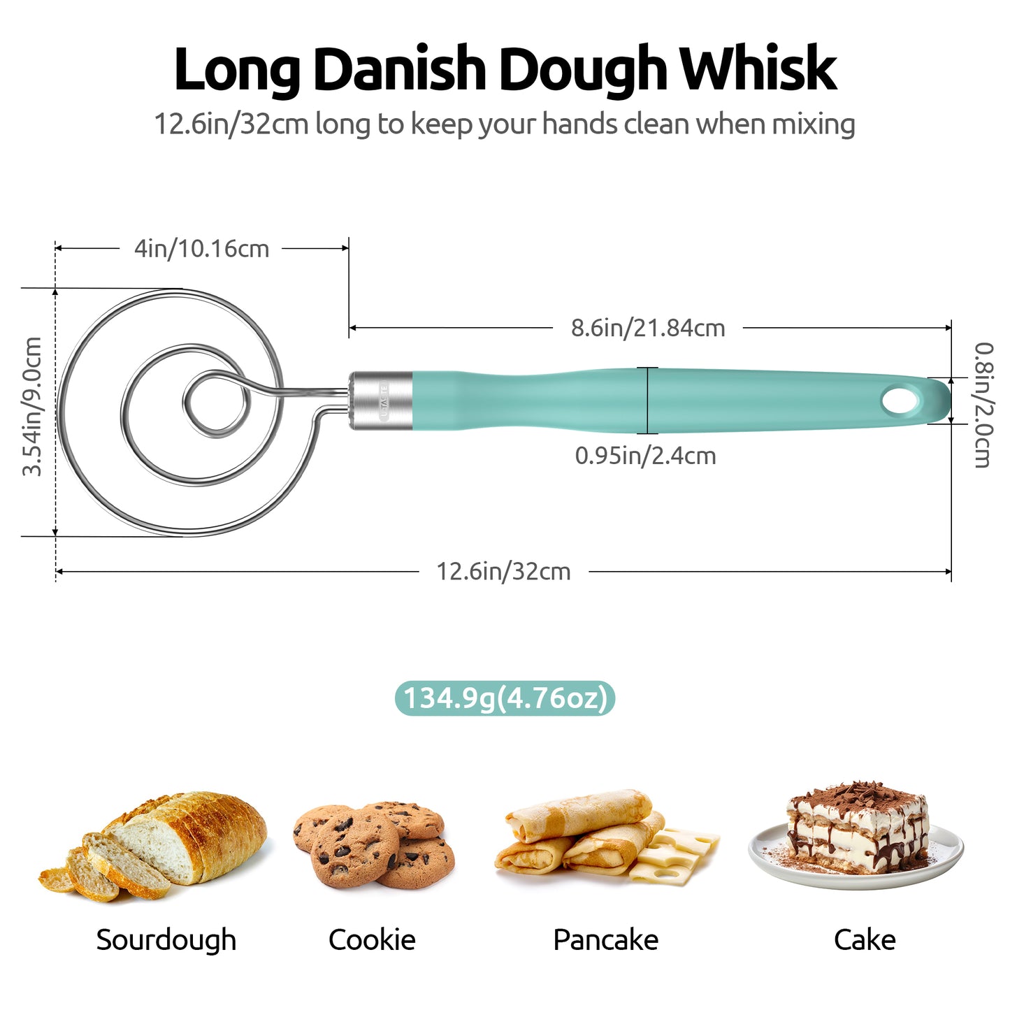 U-Taste 12.6in Danish Dough Whisk: 18/8 Stainless Steel Heavy-Duty Sourdough Mixer Tool, Food Grade Dutch Style Seamless Bread Wisk, Sturdy for Mixing, Stirring, Kneading Thick Batter