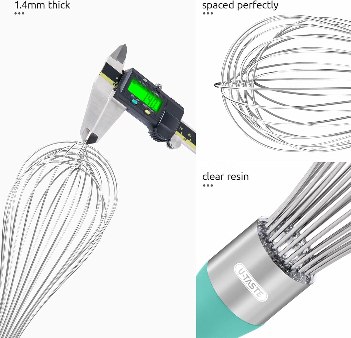 U-Taste Kitchen Wire Whisk for Cooking, 18/10 Stainless Steel Egg Beater with 12 Wires, Baking Tool for Whisking Mixing Stirring Blending, L, Aqua Sky