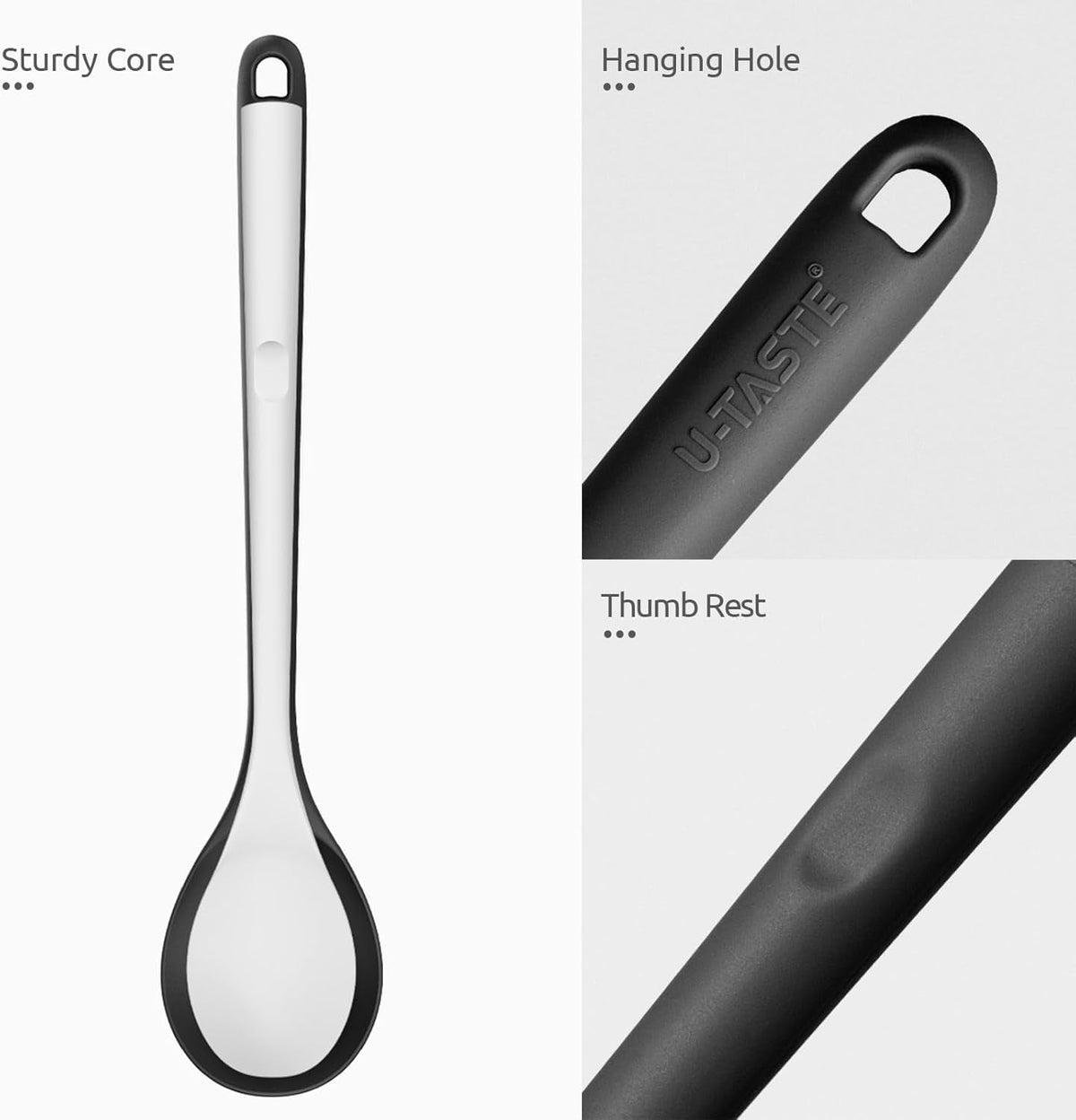 U-Taste 600°F Heat Resistant Silicone Spoons Set of 2, 13.3in Long Large Cooking Spoon, Rubber Kitchen Utensil for Mixing/Stirring/Serving, Black