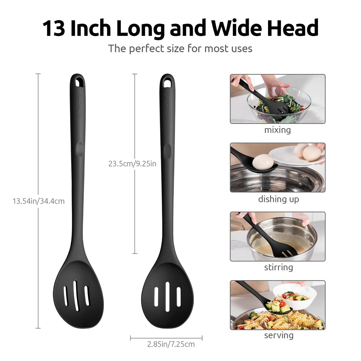 U-Taste 600°F Heat Resistant Silicone Slotted Spoon, 13.3in Long Large Cooking Spoon, Rubber Kitchen Utensil for Mixing/Stirring/Basting, Black