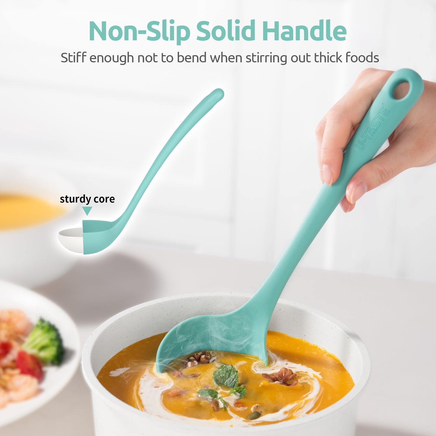2.6oz Small Silicone Soup Ladle: U-Taste 600ºF Heat Resistant Non-Stick Kitchen Deep Serving Spoon, Soft Cooking Utensil with Non-Slip Solid Handle for Mixing Sauce Stew Gravy