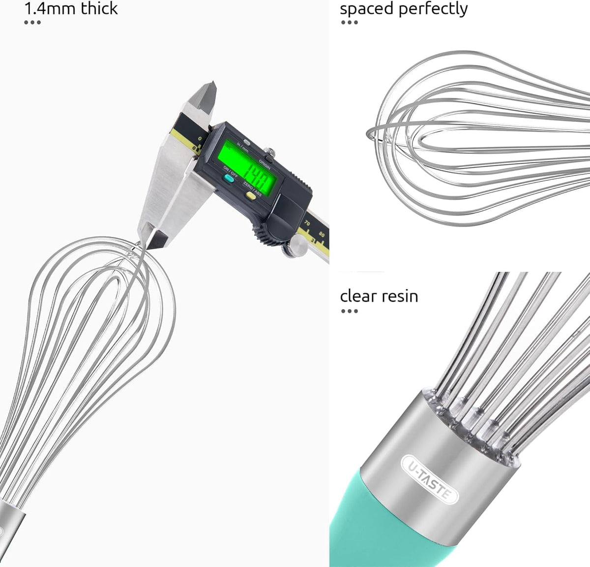 U-Taste Kitchen Wire Whisk for Cooking, 18/10 Stainless Steel Egg Beater with 8 Wires, Baking Tool for Whisking Mixing Stirring Blending, M, Aqua Sky