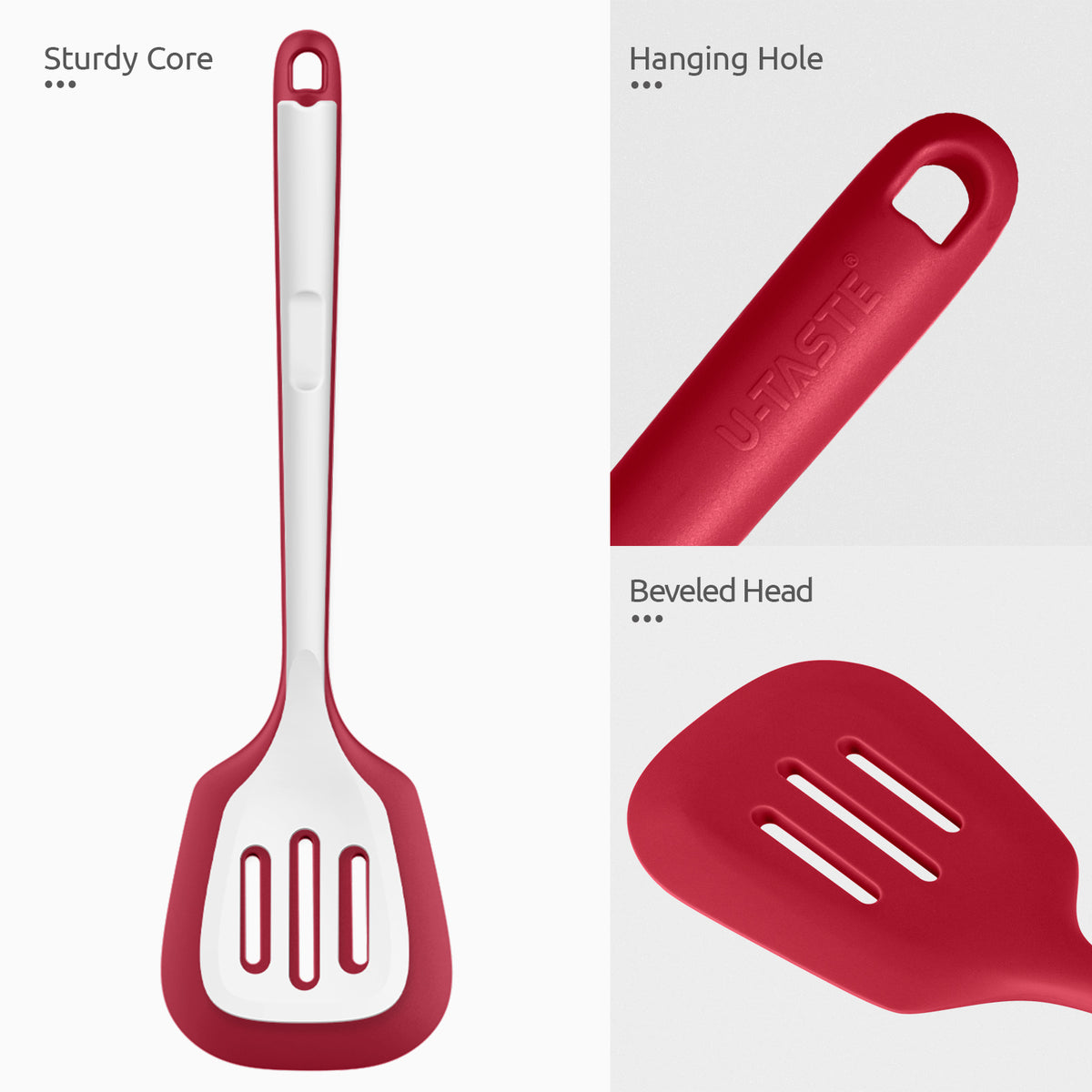 600°F Heat Resistant Slotted Turner: U-Taste 13.6in Silicone Kitchen Spatula Flipper, 3.85in Wide BPA Free Flexible Thin Rubber Cooking Utensil for Egg, Pancake, Cookie in Nonstick Cookware (Red)