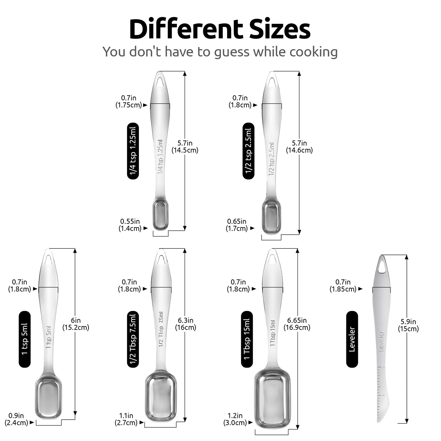 Narrow Square Measuring Spoons: 18/8 Stainless Steel Kitchen Measure Teaspoon Tablespoon with Leveler, Polygon Rectangular Metal Jar Scoop for Baking Cooking, Coffee, Spice, Powder