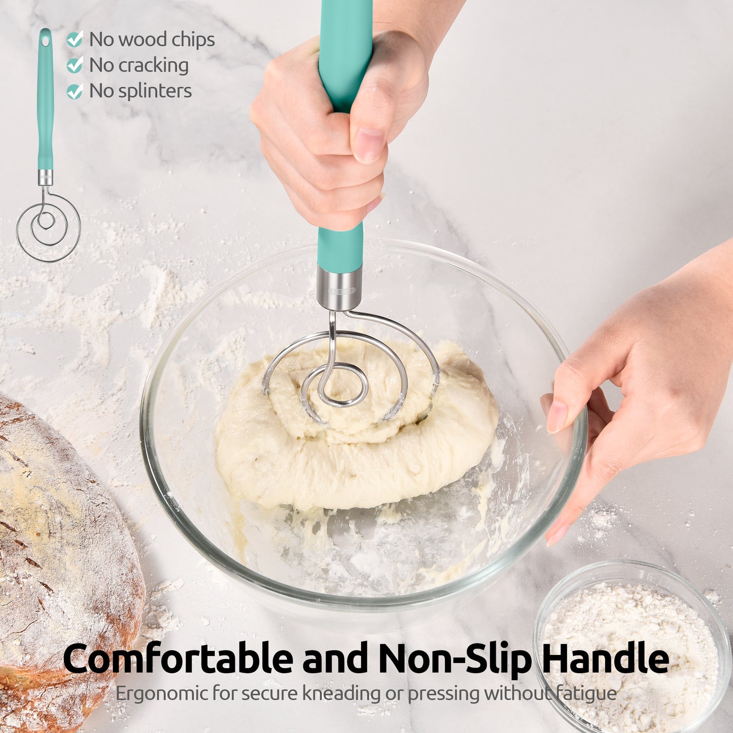 U-Taste 12.6in Danish Dough Whisk: 18/8 Stainless Steel Heavy-Duty Sourdough Mixer Tool, Food Grade Dutch Style Seamless Bread Wisk, Sturdy for Mixing, Stirring, Kneading Thick Batter