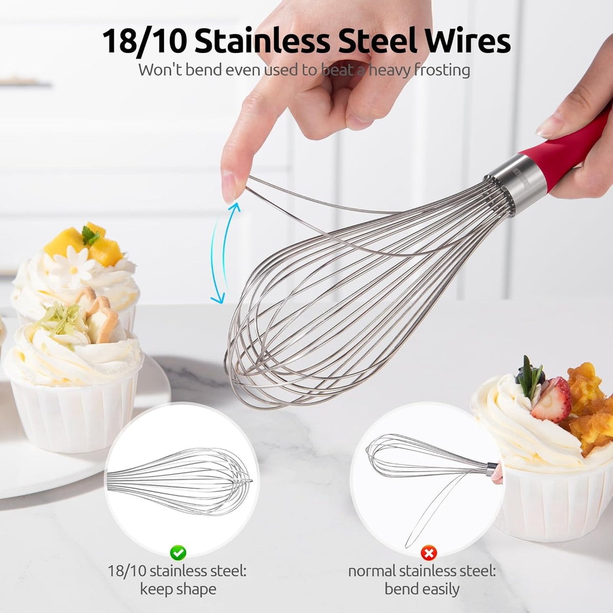 U-Taste Kitchen Wire Whisk for Cooking, 18/10 Stainless Steel Egg Beater with 12 Wires, Baking Tool for Whisking Mixing Stirring Blending, L, Red