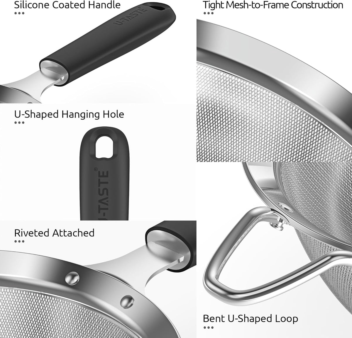 U-Taste Fine Mesh Strainer, 18/8 Stainless Steel Tea Coffee Strainer, Mini Small Fine Sieve, Metal Colander for Loose Tea/Juice/Pulp/Matcha, Black
