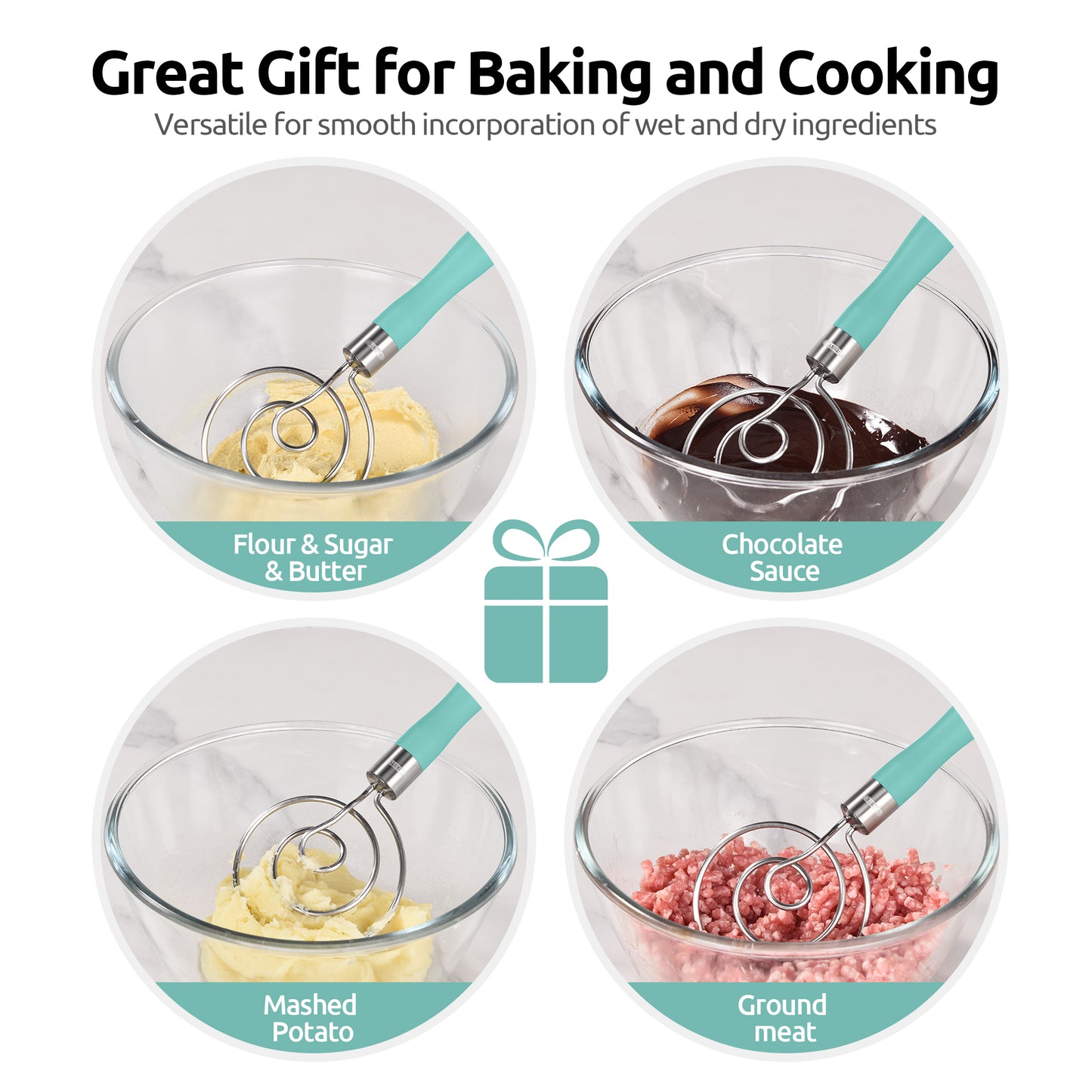 U-Taste 12.6in Danish Dough Whisk: 18/8 Stainless Steel Heavy-Duty Sourdough Mixer Tool, Food Grade Dutch Style Seamless Bread Wisk, Sturdy for Mixing, Stirring, Kneading Thick Batter