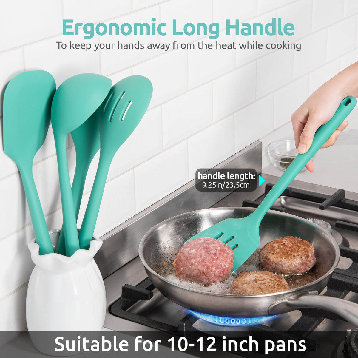 U-Taste Silicone Kitchen Cooking Utensil Set of 5, 446°F Heat Resistant Food Grade Kitchen Tools, 13.6" Long Spatula Turner Spoon Ladle , Aqua Sky