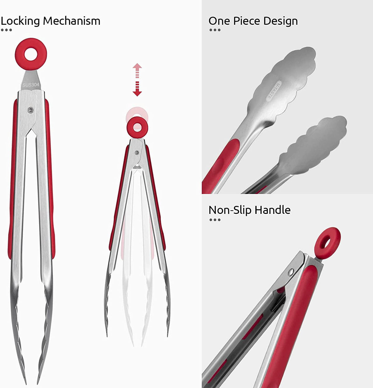 U-Taste 18/8 Stainless Steel Kitchen Tong for Cooking, Metal Tong Utensils Set for Food Serving, Rubber Salad/Grill/BBQ Tongs, 7/9/12in, Red