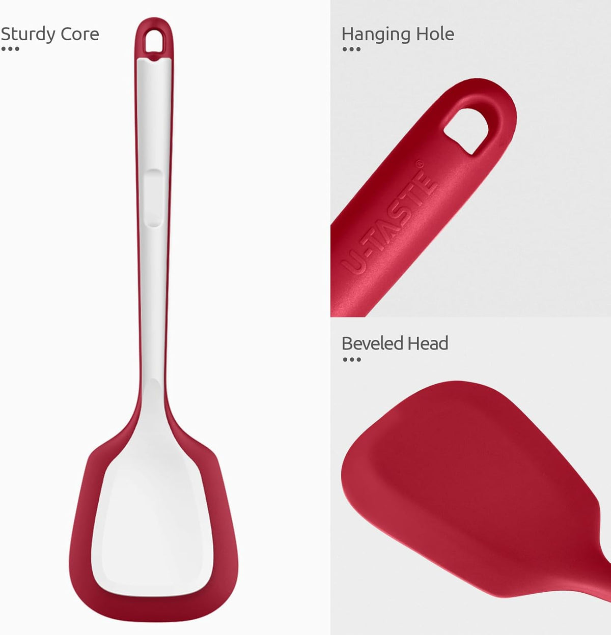 600°F Heat Resistant Silicone Turners: U-Taste 13.6in Long Solid & Slotted Kitchen Spatula Flipper, Food Grade Flexible Cooking Utensil for Flipping Egg, Pancake in Nonstick Cookware (Red, 2PCS)