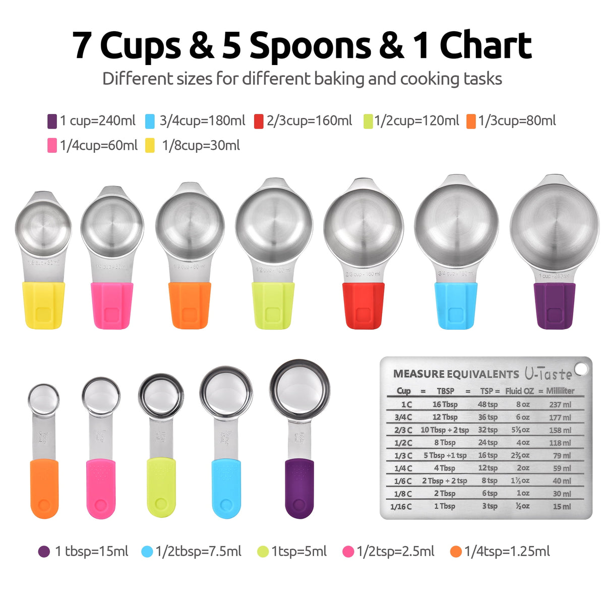 U-Taste 18/8 Stainless Steel Magnetic Measuring Cups and Spoons Set: 13-Piece Metal Stackable Kitchen Measure Set for Baking Cooking, Multicolor
