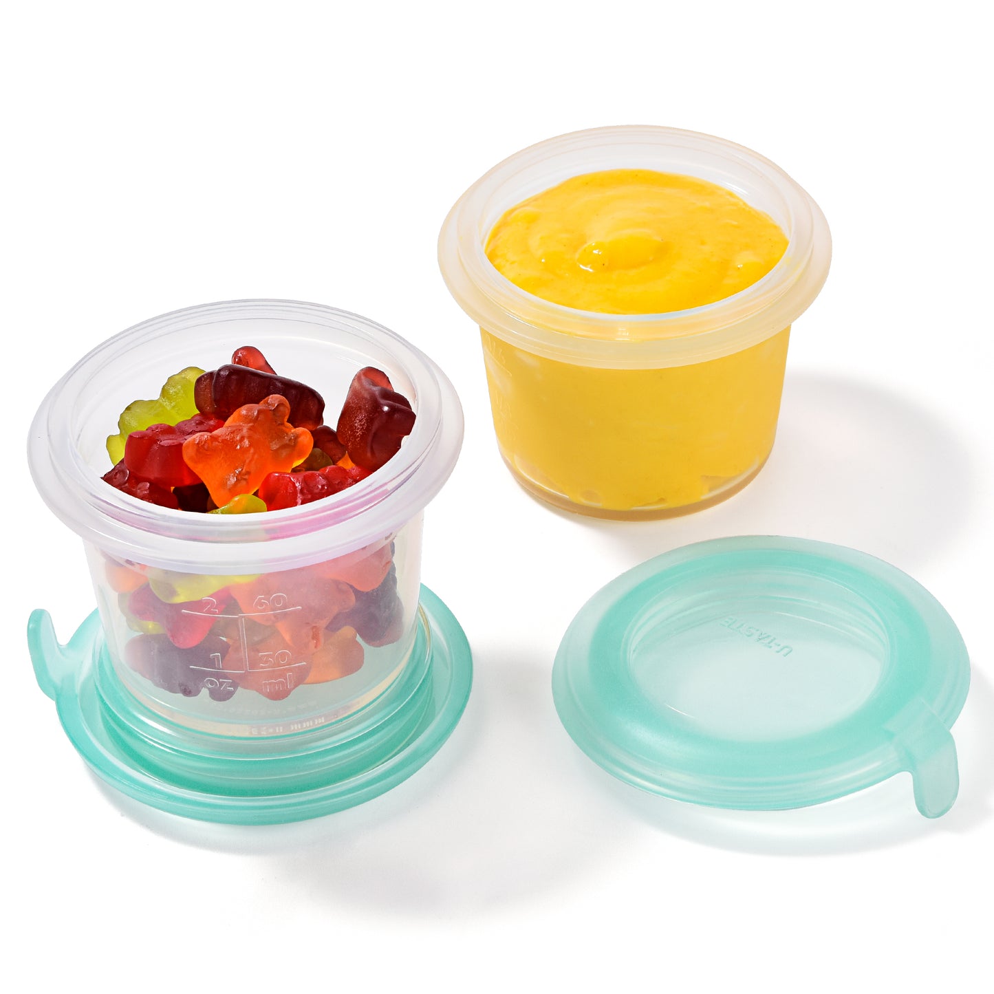 U-Taste 2oz Silicone Food Container: Mini Kitchen Storage with Airtight Lid, Freezer & Microwave Safe, Dip Box with Date Marking Circle, Clear Round Stackable for Sauce, Dressing, Condiment