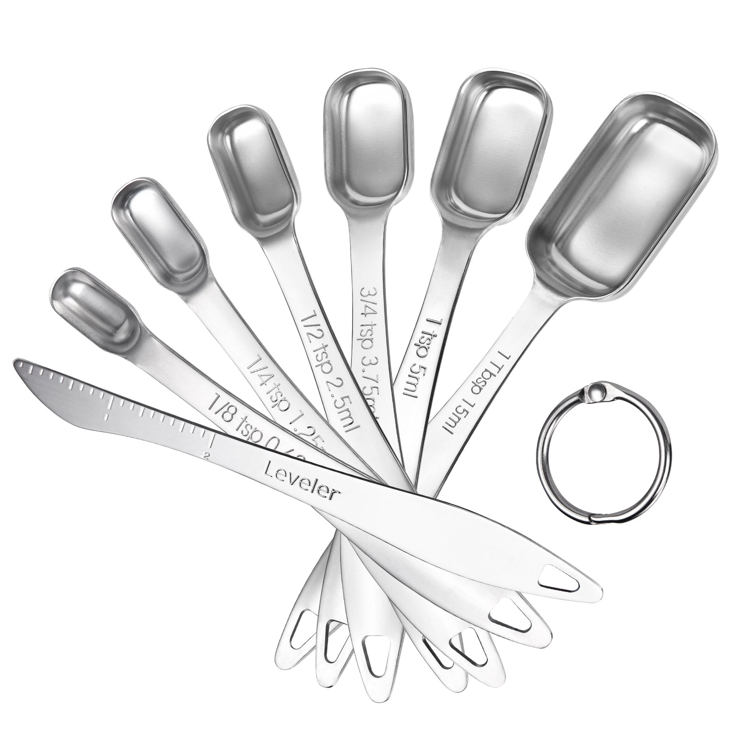 Narrow Square Measuring Spoons: 18/8 Stainless Steel Kitchen Measure Teaspoon Tablespoon with Leveler, Polygon Rectangular Metal Jar Scoop for Baking Cooking, Coffee, Spice, Powder