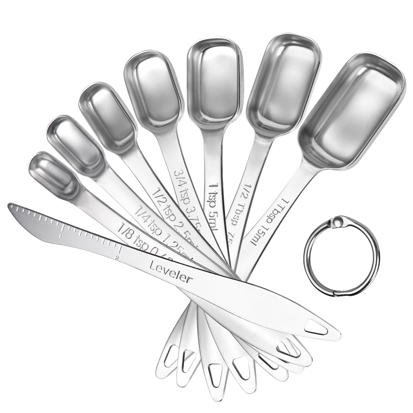 Narrow Square Measuring Spoons: 18/8 Stainless Steel Kitchen Measure Teaspoon Tablespoon with Leveler, Polygon Rectangular Metal Jar Scoop for Baking Cooking, Coffee, Spice, Powder
