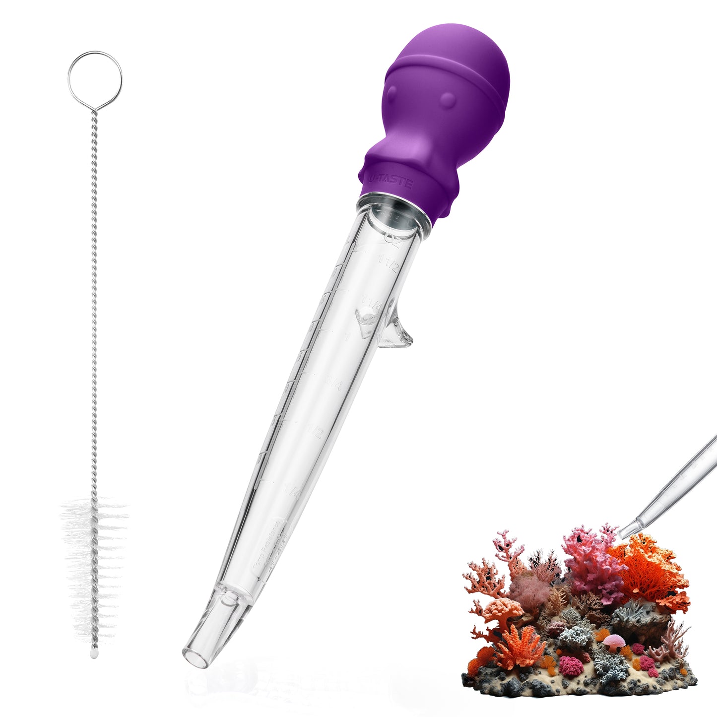 U-Taste Aquarium Pipette Cleaner: 1.5oz Coral Feeder for Fish Tank Cleaning, Manual Feeding Tube, Food Grade Siphon Dropper, Waste Remover with Strong Suction & Stand & Brush