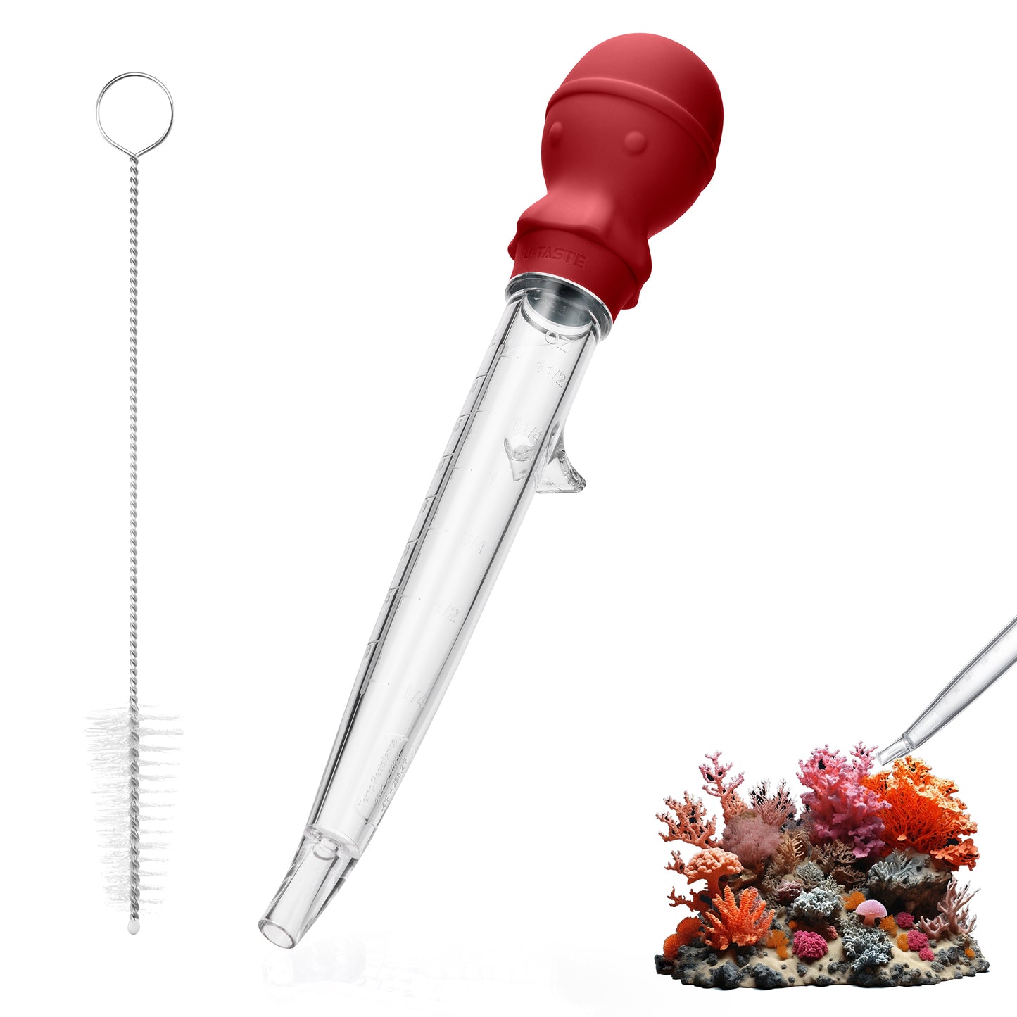 U-Taste Aquarium Pipette Cleaner: 1.5oz Coral Feeder for Fish Tank Cleaning, Manual Feeding Tube, Food Grade Siphon Dropper, Waste Remover with Strong Suction & Stand & Brush