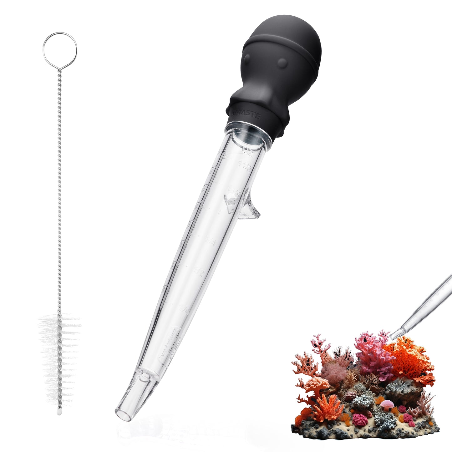 U-Taste Aquarium Pipette Cleaner: 1.5oz Coral Feeder for Fish Tank Cleaning, Manual Feeding Tube, Food Grade Siphon Dropper, Waste Remover with Strong Suction & Stand & Brush