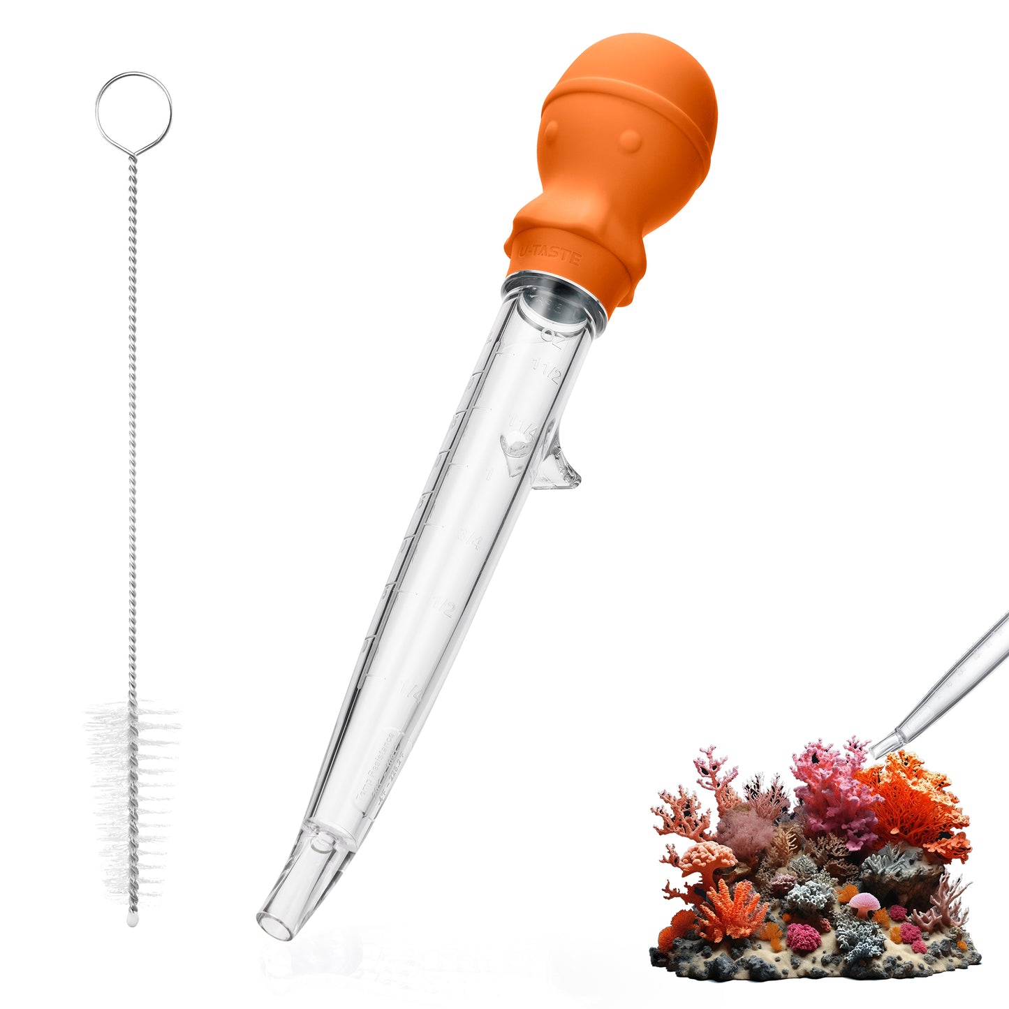 U-Taste Aquarium Pipette Cleaner: 1.5oz Coral Feeder for Fish Tank Cleaning, Manual Feeding Tube, Food Grade Siphon Dropper, Waste Remover with Strong Suction & Stand & Brush