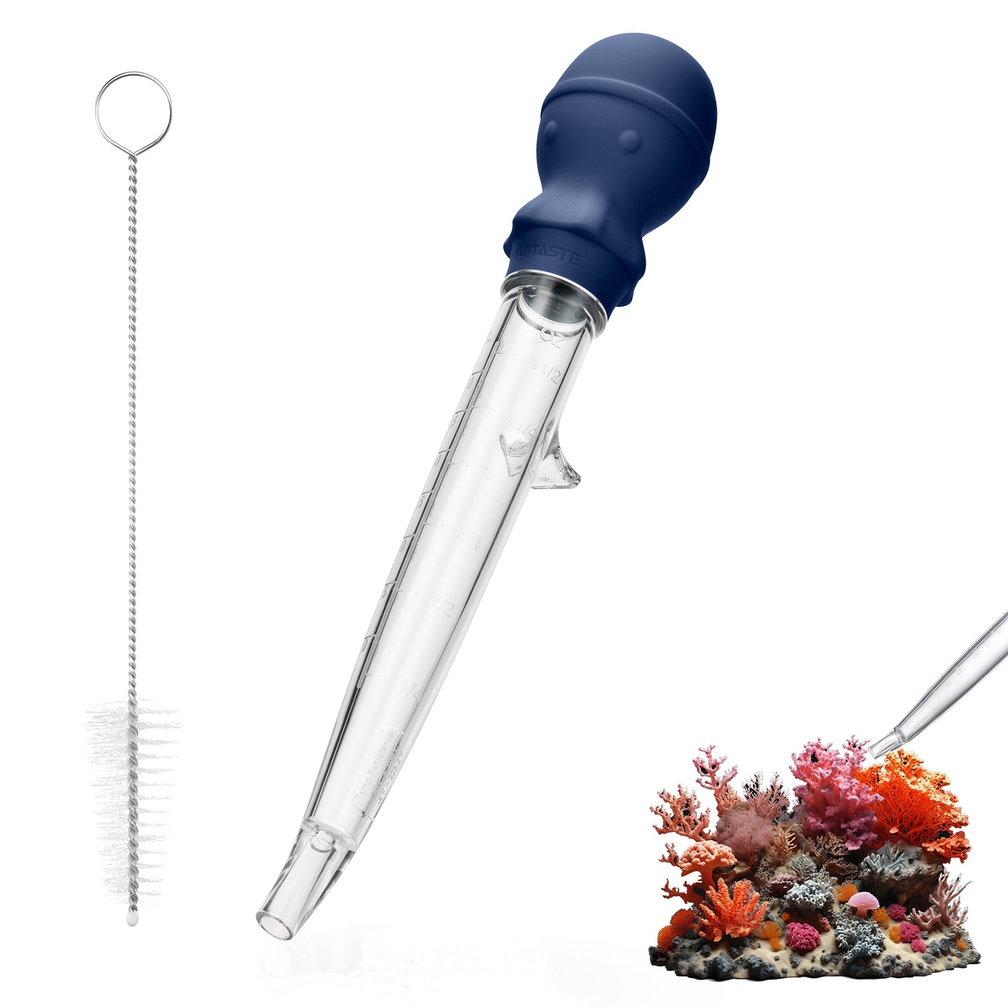 U-Taste Aquarium Pipette Cleaner: 1.5oz Coral Feeder for Fish Tank Cleaning, Manual Feeding Tube, Food Grade Siphon Dropper, Waste Remover with Strong Suction & Stand & Brush