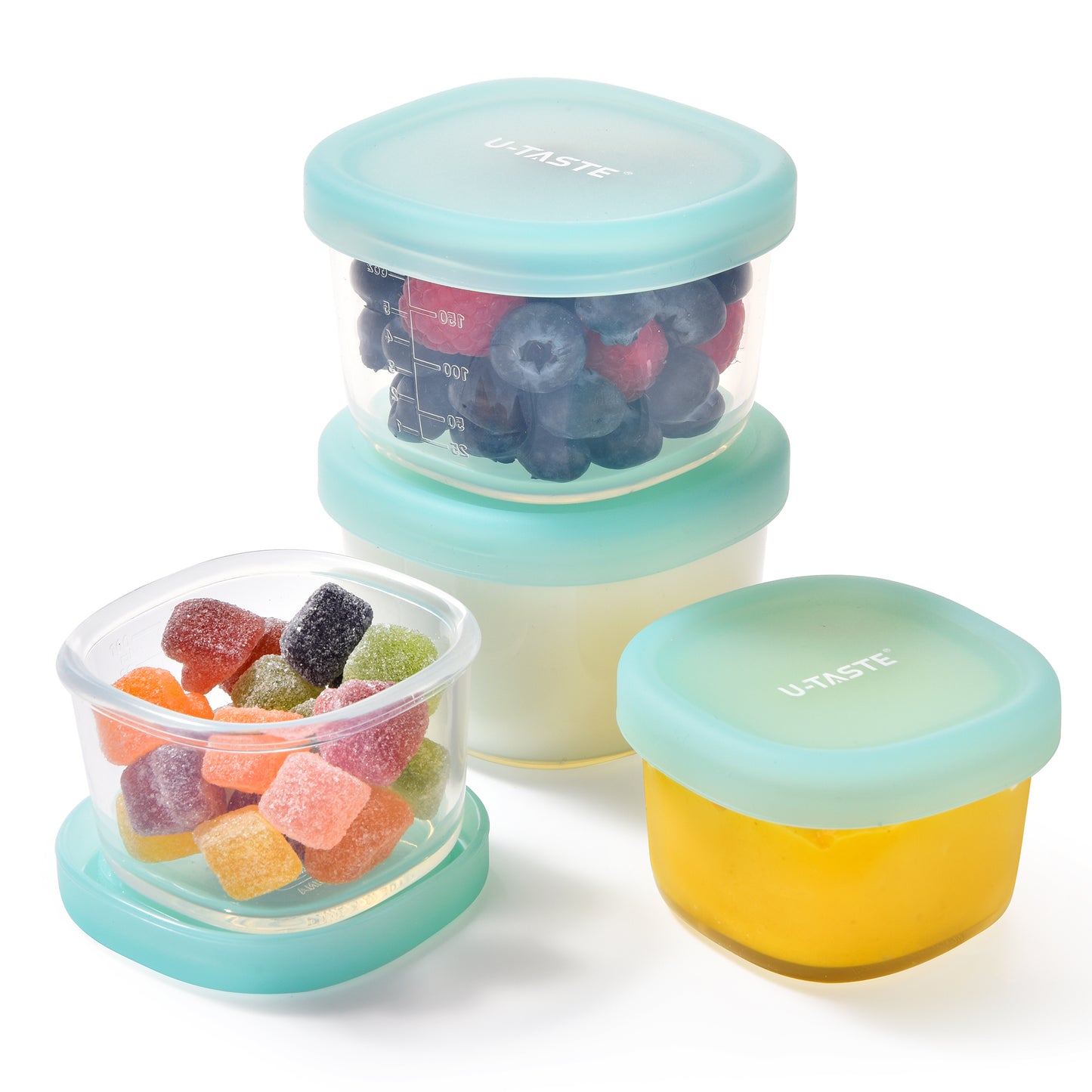 U-Taste 3oz Mini Sauce Containers: Food Grade Liquid Silicone Condiment Storage with Airtight Lid, Freezer Safe with Clear 100ml Measurements, Reusable for Dipping Ketchup, Salad Dressing
