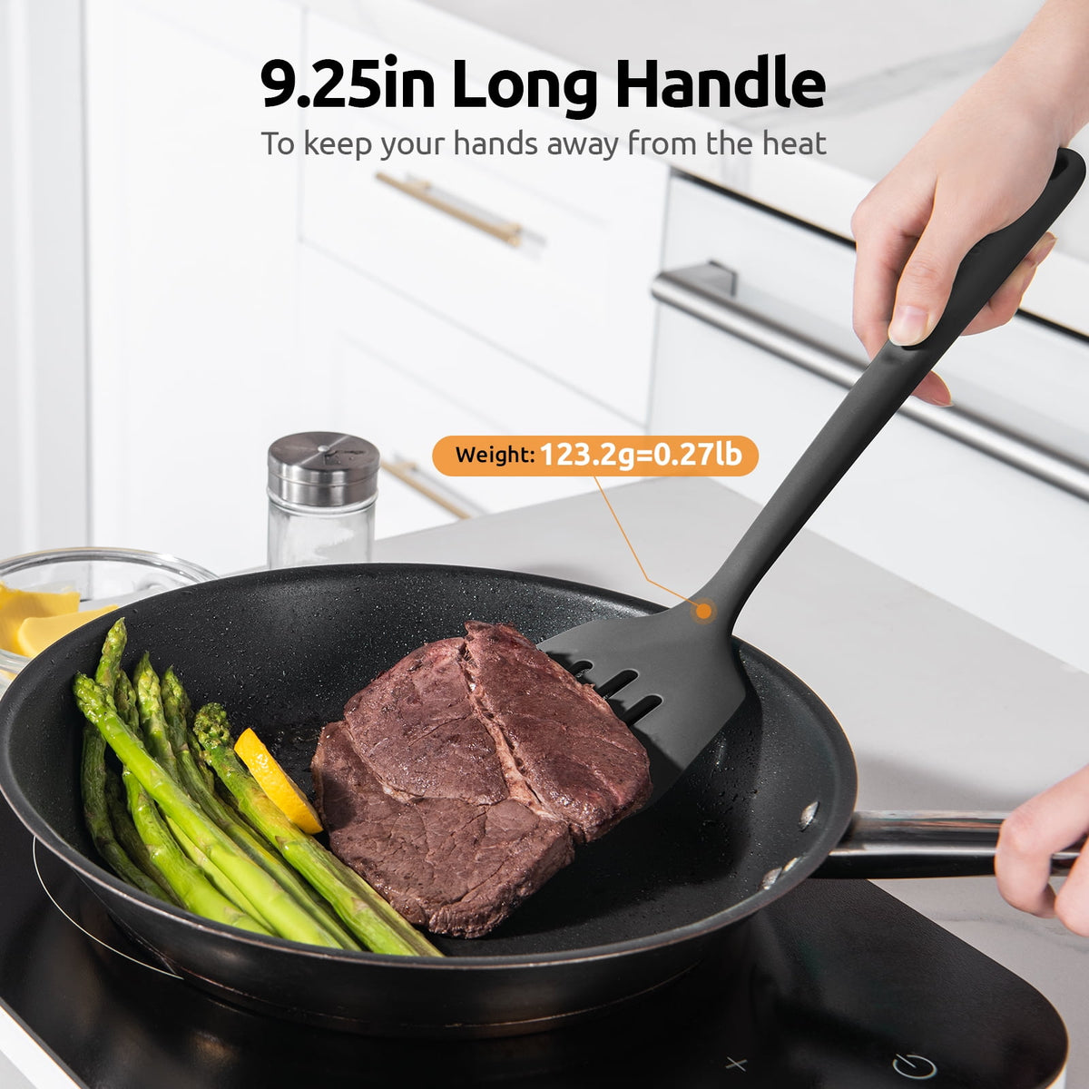 600°F Heat Resistant Slotted Turner: U-Taste 13.6in Silicone Kitchen Spatula Flipper, 3.85in Wide BPA Free Flexible Thin Rubber Cooking Utensil for Egg, Pancake, Cookie in Nonstick Cookware (Black)