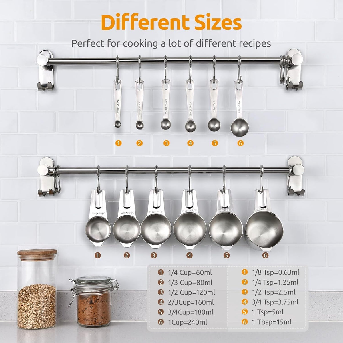 U-Taste Measuring Cups and Spoons Set, 18/8 Stainless Steel Kitchen Gadgets for Cooking Baking, 6 Metal Measure Cups, 6 Measuring Spoons and 2 D-Rings
