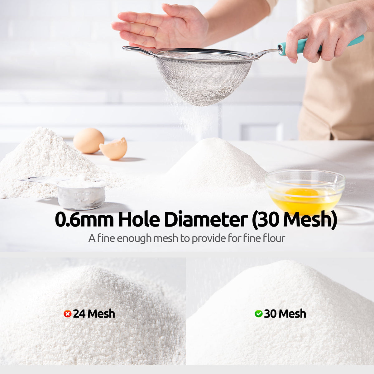 U-Taste 18/8 Stainless Steel Mesh Strainer, 30 Mesh Fine Sieve Food Strainer, Kitchen Colander for Straining Quinoa/Flour/Pasta/Fruit, 5.5in, Aqua Sky