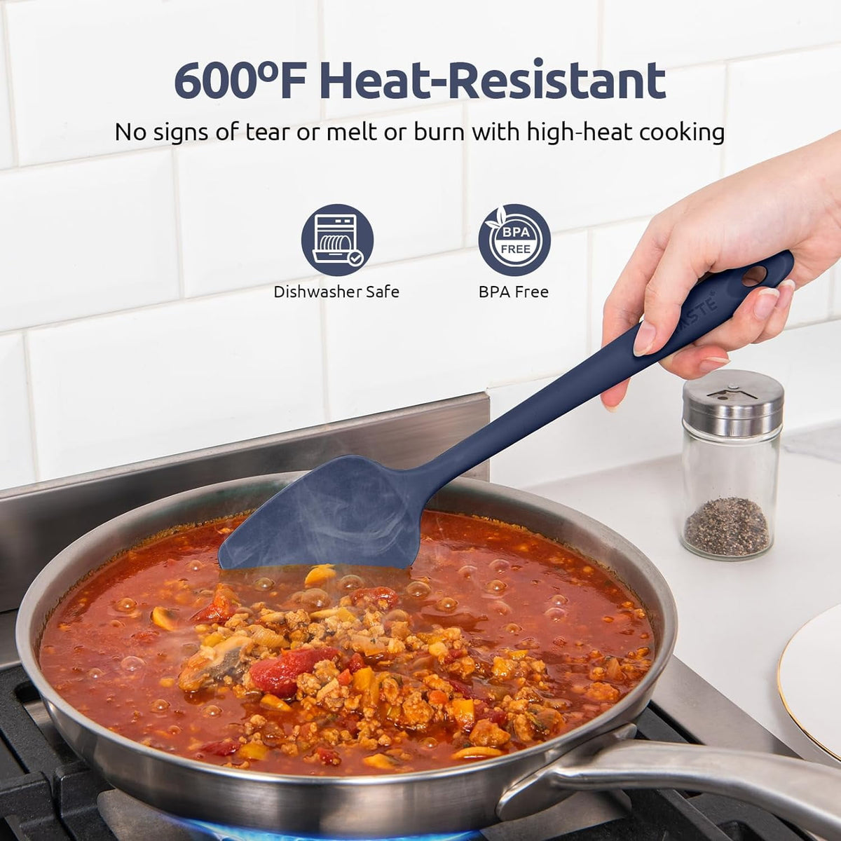 U-Taste 600°F High Heat Resistant Silicone Spatula Set of 4, BPA-Free Food Grade Kitchen Cooking Baking Mixing One Piece Seamless Flexible Rubber Scraper for Nonstick Cookware (Midnight Blue)