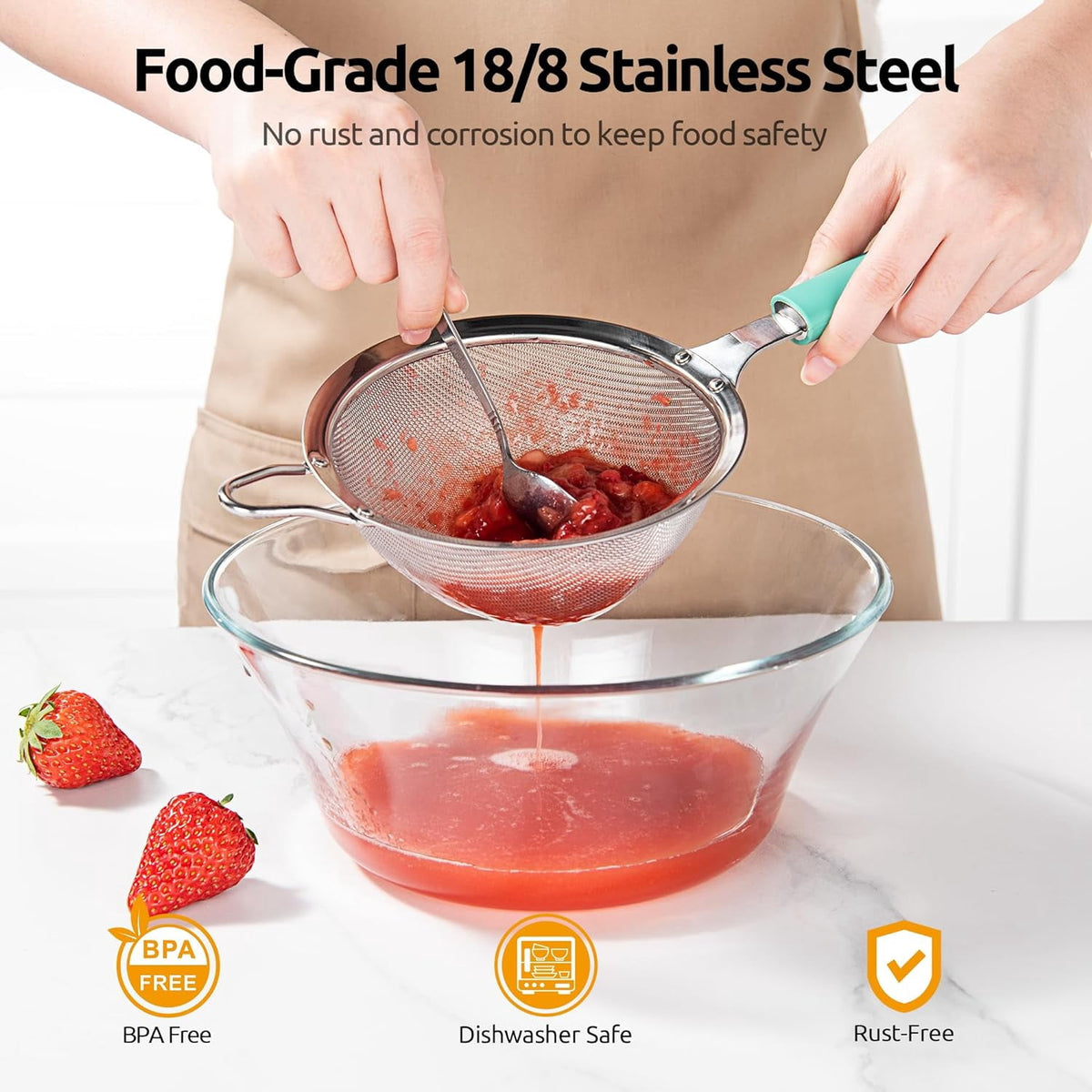 U-Taste Fine Mesh Strainer, 18/8 Stainless Steel Sieve Food Strainer, Kitchen Metal Colander for Rinsing Rice/Quinoa/Flour/Berry Seed, 4.73", Aqua Sky