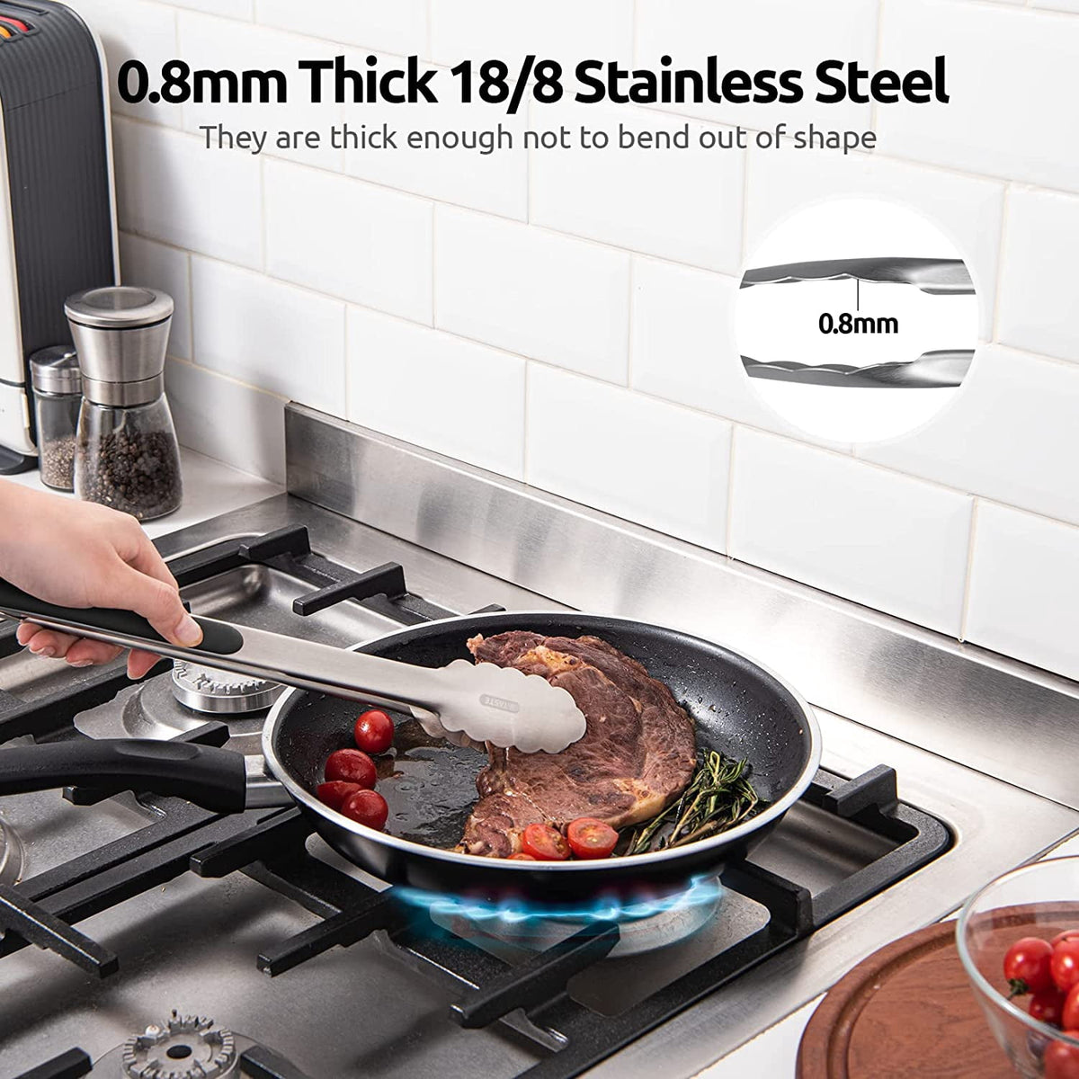 U-Taste 18/8 Stainless Steel Kitchen Tong for Cooking, Long Large Metal Tong for Serving Food Grilling BBQ, Non Slip Silicone Handle, 12in, Black