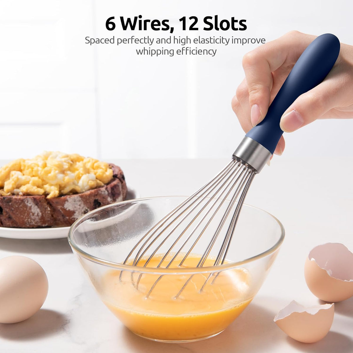 U-Taste Kitchen Wire Whisk for Cooking, 18/10 Stainless Steel Egg Beater with 6 Wires, Baking Tool for Whisking Mixing Stirring, Small, Midnight Blue