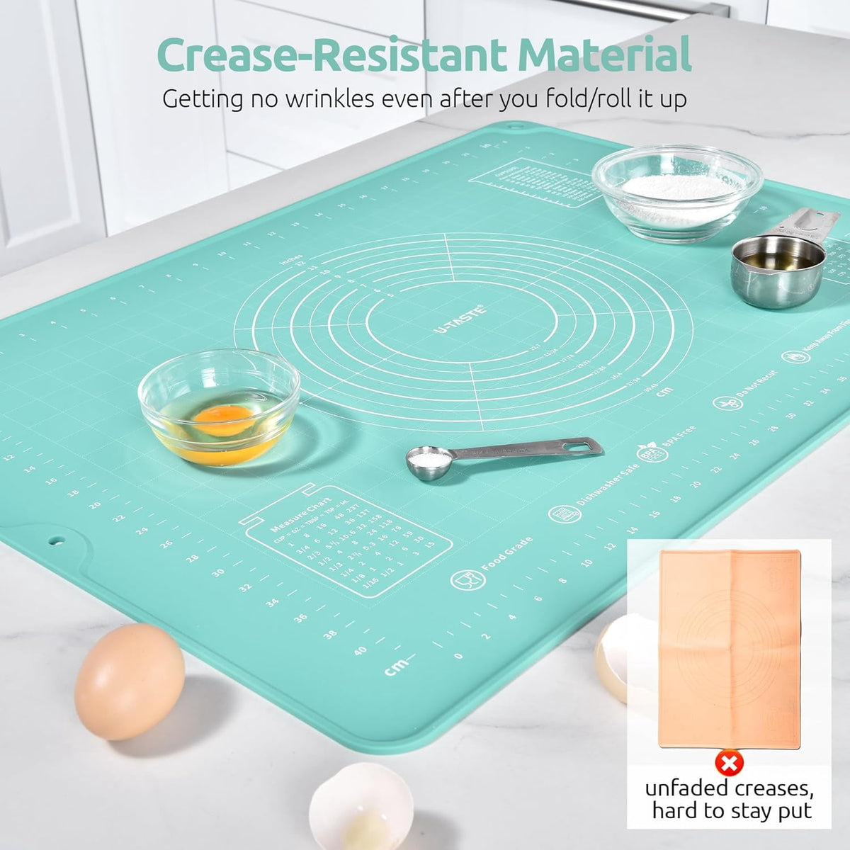 U-Taste 20"x16" Silicone Pastry Mat, Food Grade Dough Rolling Baking Sheet, Non Slip for Kneading Pizza Cookie Pie Crust, Clear Measurement, Aqua Sky
