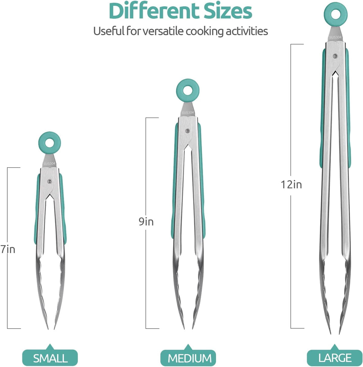 U-Taste 18/8 Stainless Steel Kitchen Tong for Cooking, Metal Tong Utensils Set for Food Serving, Rubber Salad/Grill/BBQ Tongs, 7/9/12in, Aqua Sky